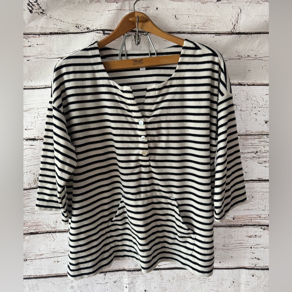 J Jill Women Plus Size 1X Black White Striped Terry Cloth Shirt Pullover Top